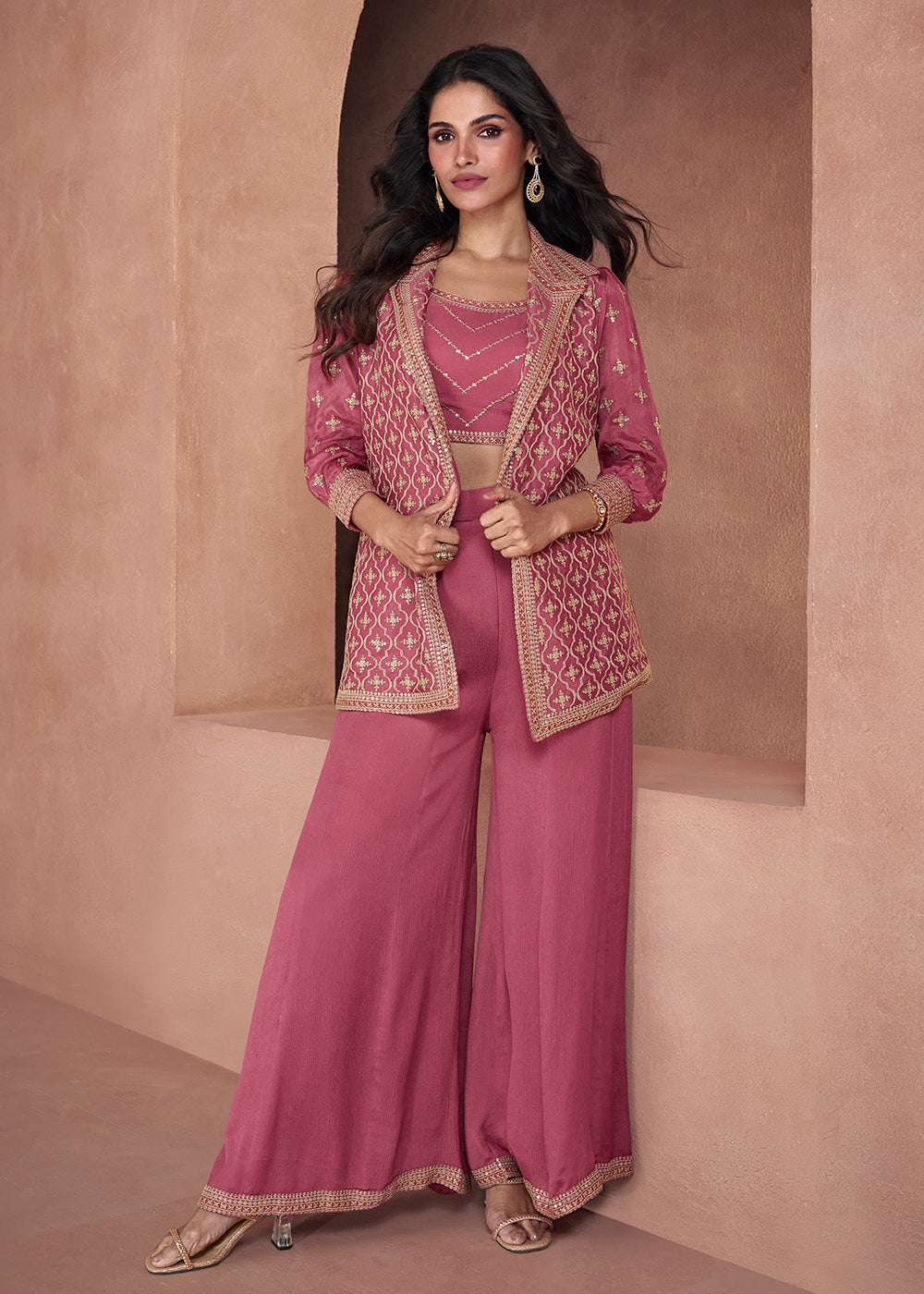 Buy Rose Red Readymade Designer Wedding Wear Silk Salwar Suit | Palazzo  Salwar Suits